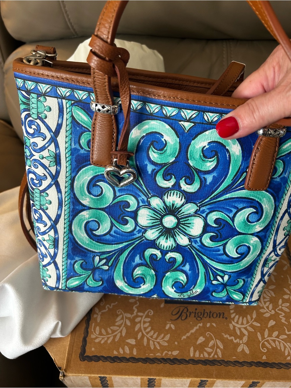Brighton Brown Trim Blue & Teal Floral Scroll Crossbody - Picture 2 of 6